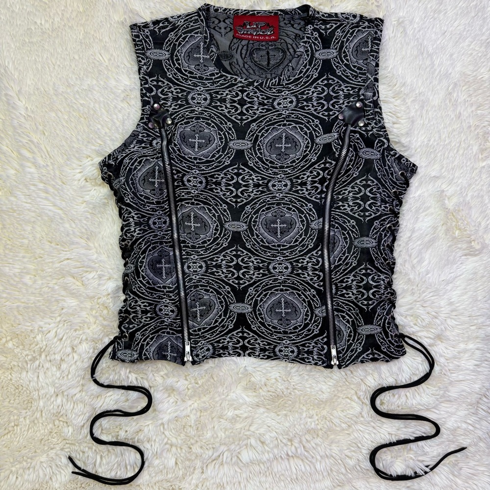 Lip Service Black Cross & Heart Zipper Side Tie Sleeveless Top - Picture 2 of 14